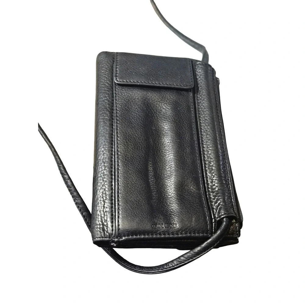 Fossil Black Pebbled Genuine Leather Crossbody Wallet Travel Bag Organizer